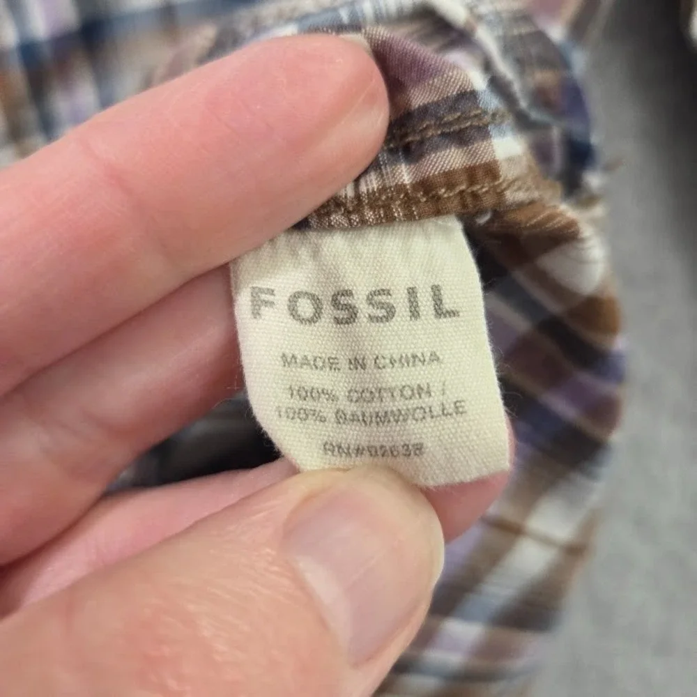 Fossil 54 Authentic Men's Small Vintage Fit Plaid Western Pearl Snap Shirt Brown